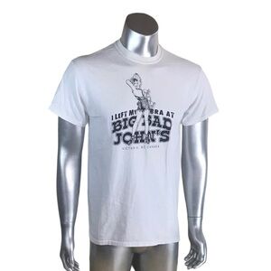 Big Bad John’s Mens Medium Crew Neck T Shirt White “I Left My Bra At” Funny Tee
